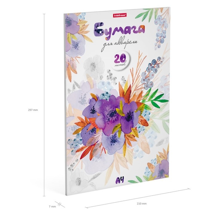 Альбом для акварели А4, 20 листов, блок 180 г/м², на клею, Erich Krause Альбом для акварели А4, 20 листов, блок 180 г/м², на клею, Erich Krause "Нежный букет", экстра белая, твердая подложка