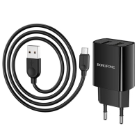 Сетевое зарядное устройство Borofone BA53A, 2xUSB, 2.1 А, кабель microUSB, 1 м, чёрное Сетевое зарядное устройство Borofone BA53A, 2xUSB, 2.1 А, кабель microUSB, 1 м, чёрное