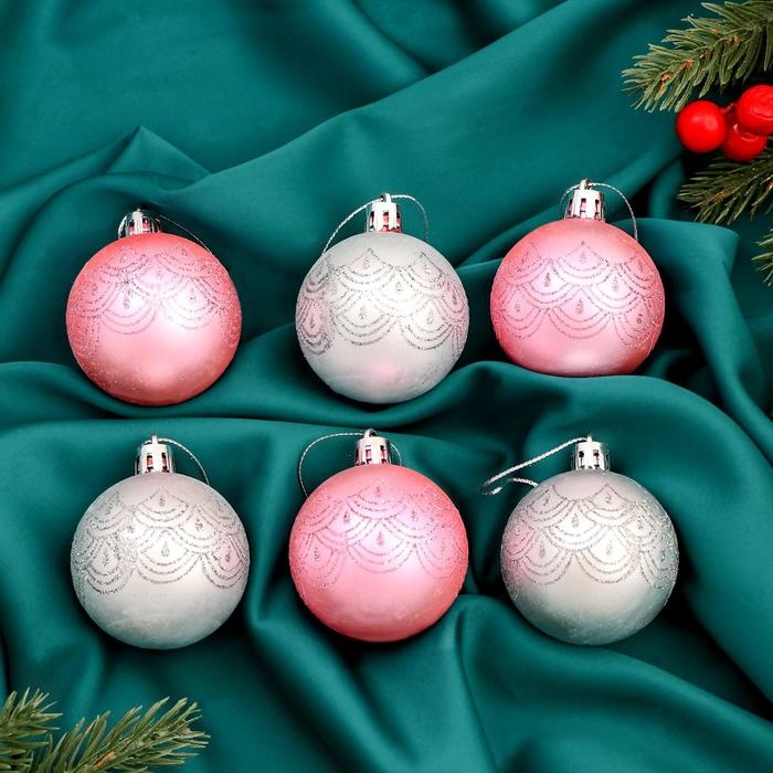 Набор шаров пластик d-5 см, 6 шт Набор шаров пластик d-5 см, 6 шт "Глэдис узоры" серебристо-розовый