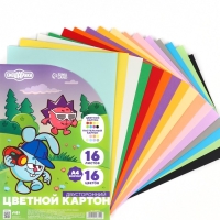 Картон цветной тонированный, А4, 16 листов, 16 цветов, немелованный, двусторонний, в пакете, 180 г/м², Смешарики Картон цветной тонированный, А4, 16 листов, 16 цветов, немелованный, двусторонний, в пакете, 180 г/м², Смешарики