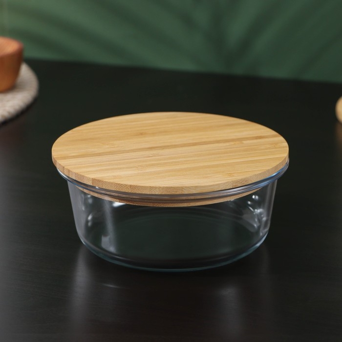 Контейнер для еды из жаропрочного стекла с бамбуковой крышкой BellaTenero &laquo;Эко&raquo;, 620 мл, 15&times;6,5 см