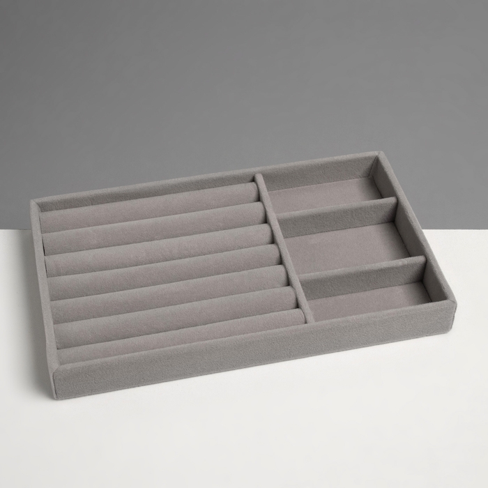 Подставка для украшений 3 ячейки и 7 полос для колец, флок, 21&times;12,3&times;2,5 см, цвет серый