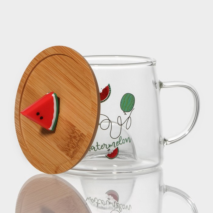 Кружка стеклянная с деревянной крышкой &laquo;Арбузик&raquo;, 300 мл