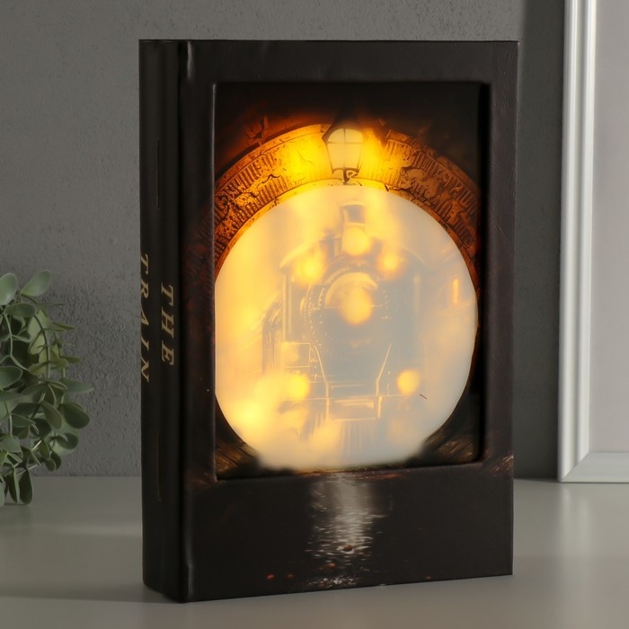 Шкатулка-книга дерево, кожзам, свет "Поезд в туннеле" 28х19х6 см