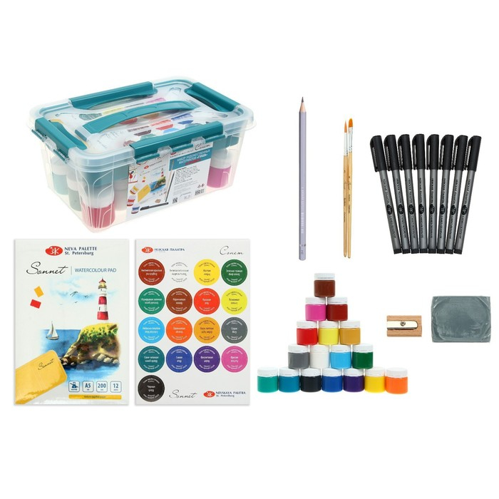 Набор художественный для рисования 32 предмета, ЗХК "Сонет" (гуашь 17 цветов + линеры 8 штук + сопутствующие материалы) в пластиковом боксе