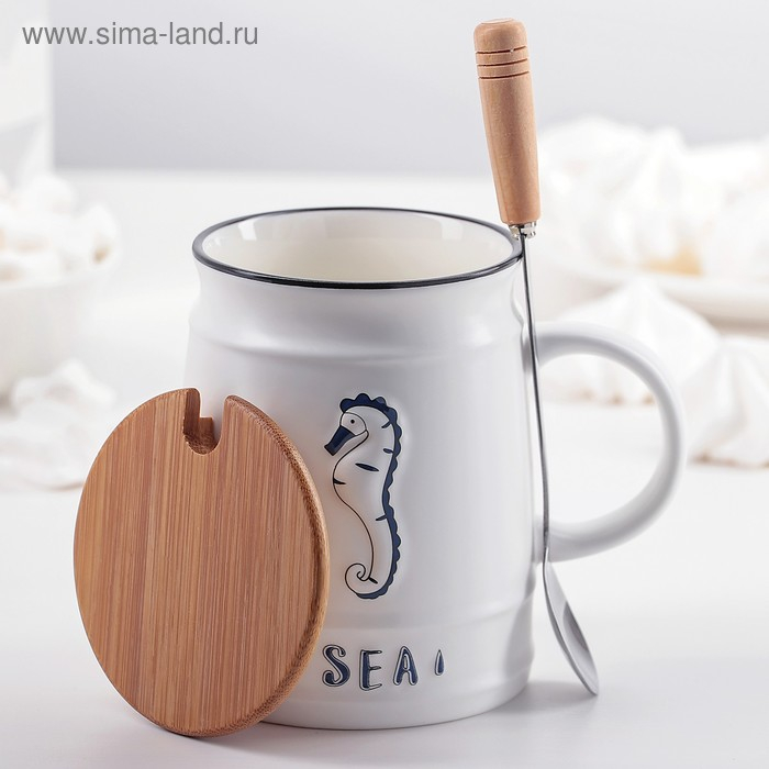 Кружка керамическая с деревянной крышкой и ложкой &laquo;Морская&raquo;, 400 мл, рисунок МИКС