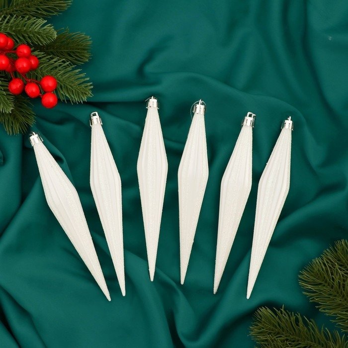 Украшение ёлочное "Сосулька острая в полоску" (набор 6 шт) 3х18 см, белый