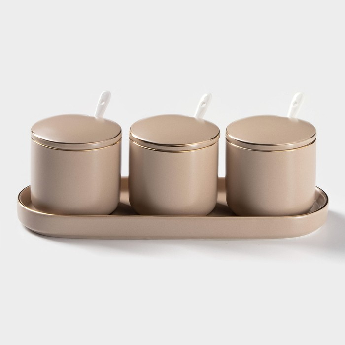 Банки для хранения сыпучих продуктов с ложками на подставке &laquo;Пастель&raquo;, 3 предмета: 250 мл, 8&times;8 см, керамические, цвет бежевый