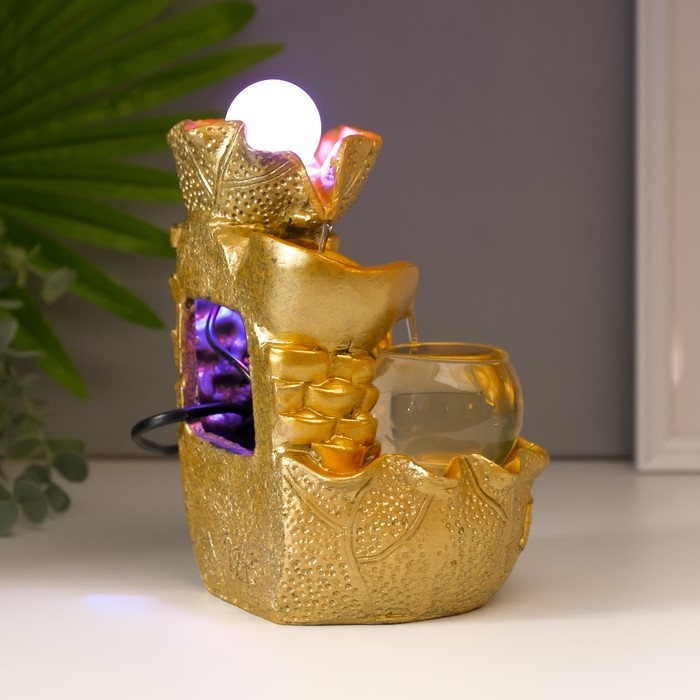 Фонтан настольный от сети, подсветка "Листья и слитки золота" золото 21х15х12 см