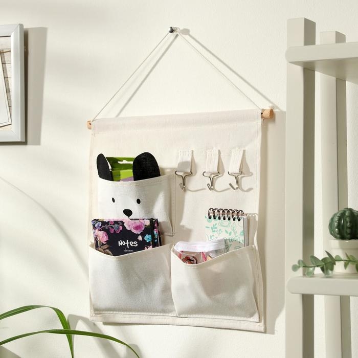 Органайзер подвесной с карманами Доляна «Мишка», 3 отделения, 30×34 см, цвет белый Органайзер подвесной с карманами Доляна «Мишка», 3 отделения, 30×34 см, цвет белый