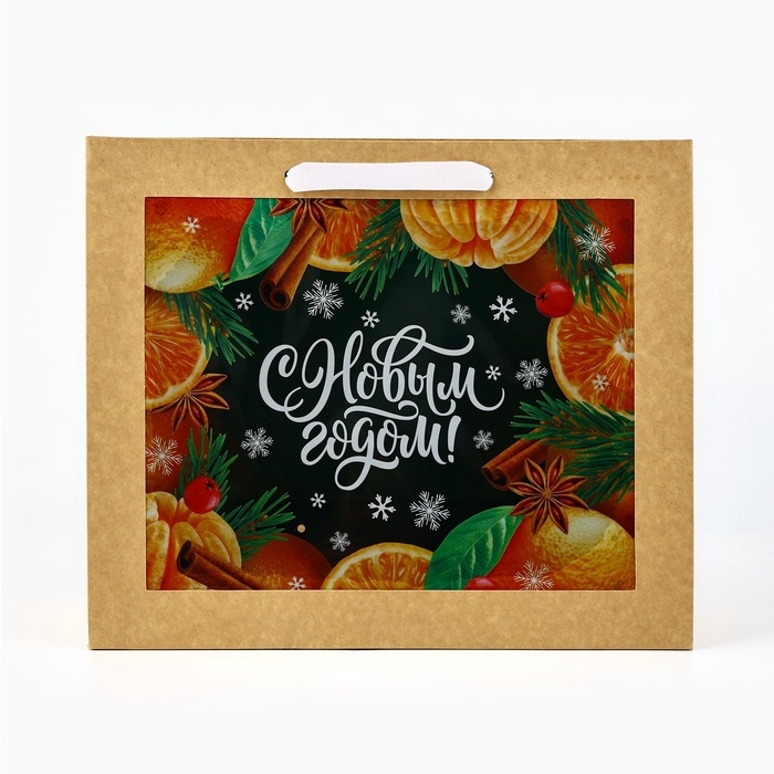 Пакет подарочный новогодний крафтовый с пластиковым окном &laquo;Новогодняя мандаринка&raquo;, 31 х 26 х 11 см