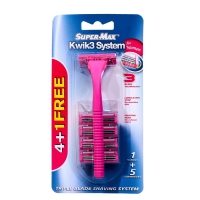 Станок для бритья женский, SUPER-MAX KWIK 3, многоразовый станок + 4 сменных картриджа с тройным лезвием Станок для бритья женский, SUPER-MAX KWIK 3, многоразовый станок + 4 сменных картриджа с тройным лезвием