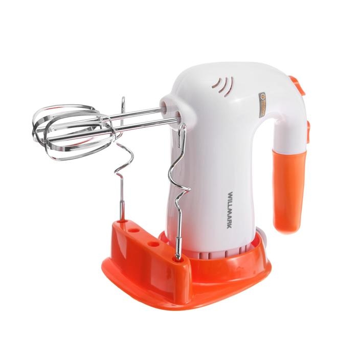Миксер WILLMARK WHM-6023ST, ручной, 400 Вт, 5 скоростей, 2 насадки, подставка, оранжевый Миксер WILLMARK WHM-6023ST, ручной, 400 Вт, 5 скоростей, 2 насадки, подставка, оранжевый