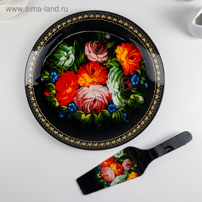 Тортовница стеклянная с лопаткой Доляна «Народные мотивы», d=30 см, лопатка 26,5×7 см, цвет чёрный Тортовница стеклянная с лопаткой Доляна «Народные мотивы», d=30 см, лопатка 26,5×7 см, цвет чёрный