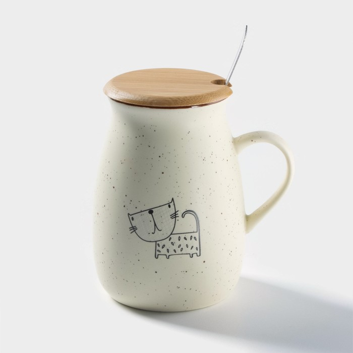 Кружка керамическая с деревянной крышкой и ложкой &laquo;Пэтти&raquo;, 350 мл, рисунок МИКС