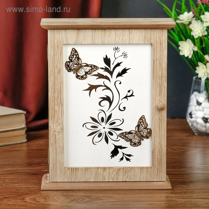 Ключница дерево 6 крючков "Бабочки на цветке" 25,5х6,5х20,5 см