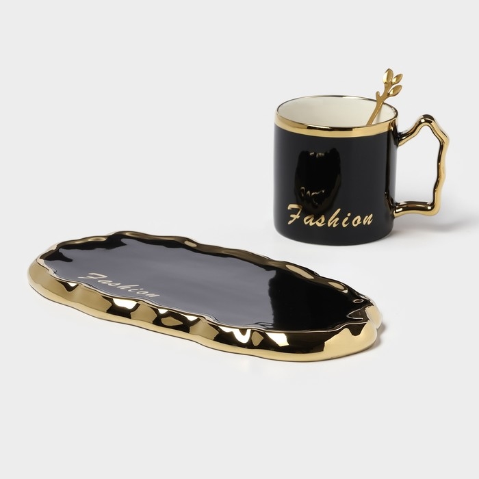 Чайная пара керамическая &laquo;Роскошь&raquo;, 3 предмета: кружка 250 мл, блюдце 23,5&times;13 см, ложка, цвет чёрный