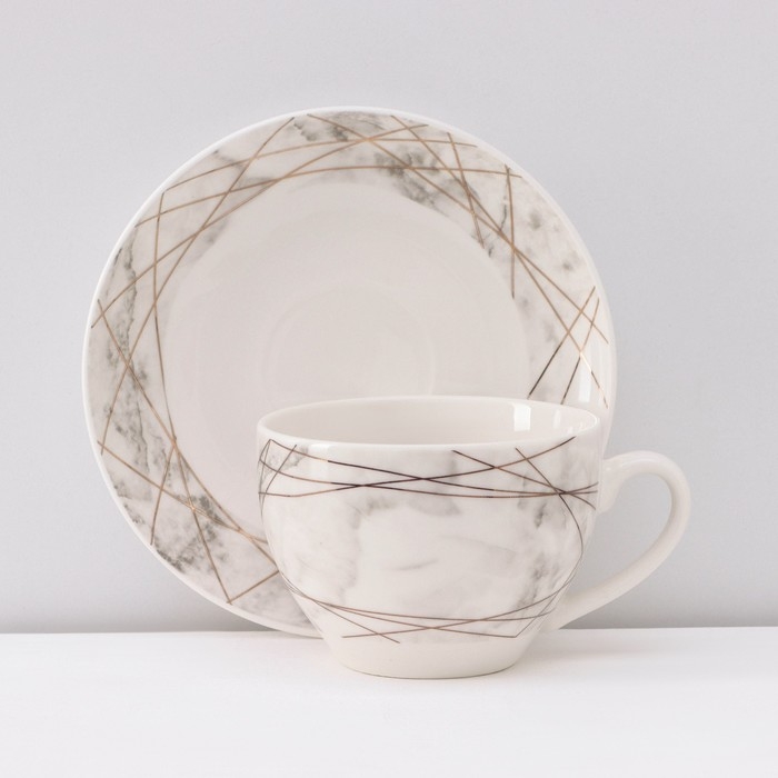 Сервиз фарфоровый чайный Доляна &laquo;Мрамор&raquo;, 12 предметов: 6 чашек 280 мл, 6 блюдец d=15 см, цвет серый