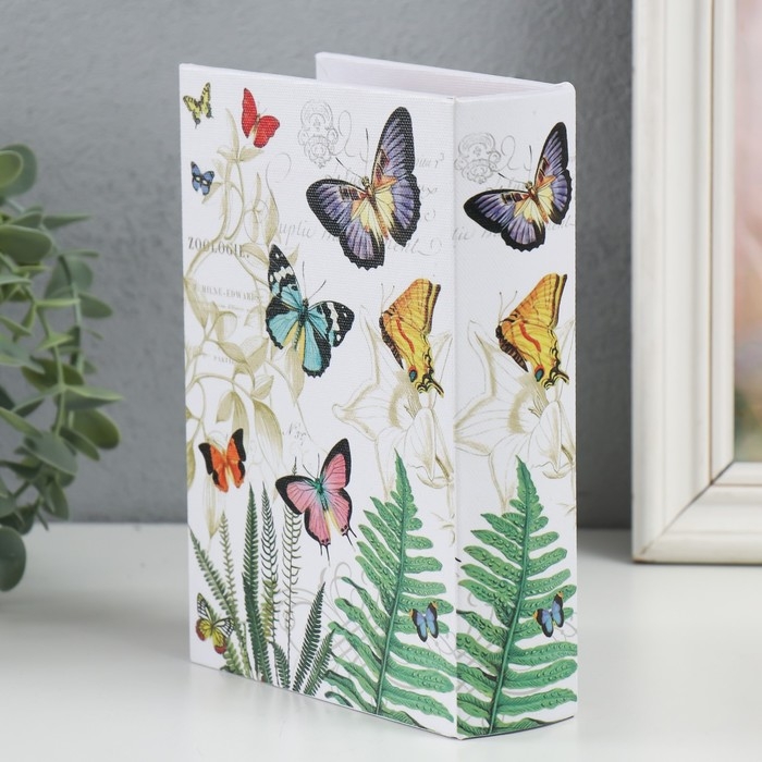 Шкатулка-книга дерево, кожзам "Яркие бабочки и листья папоротника" 4,5х13х18 см