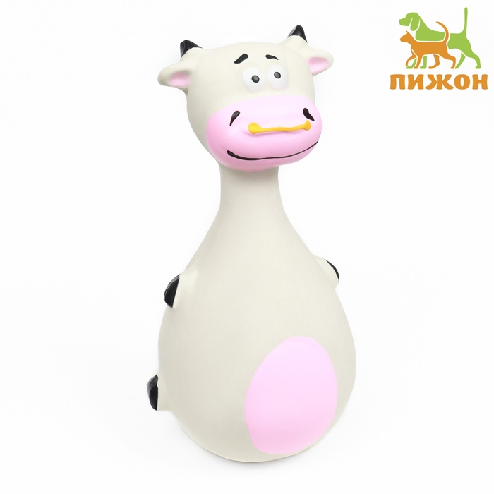 Игрушка пищащая для собак Игрушка пищащая для собак "Корова-кегля", 14 см, белая/розовая