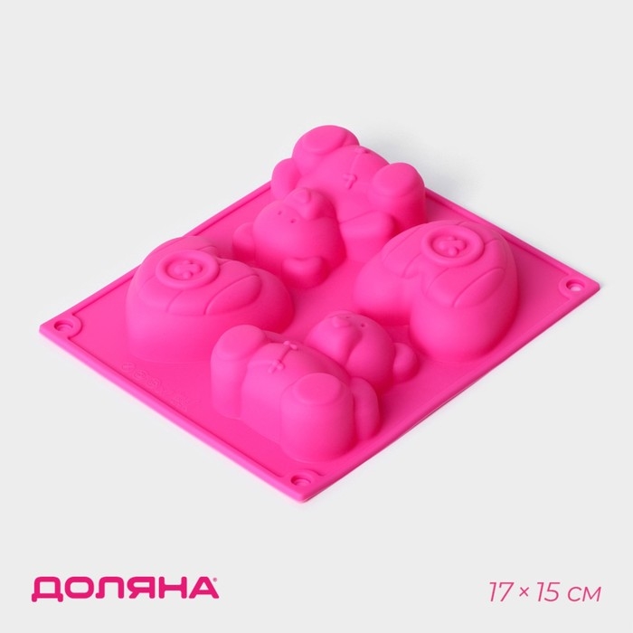 Форма для выпечки Доляна &laquo;Мишка и сердце&raquo;, силикон, 17&times;15 см, 4 ячейки, цвет розовый