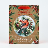 Пакет подарочный новогодний крафтовый вертикальный «Счастья в Новом году», снегирь, MS 18 х 23 х 10 см, Новый год Пакет подарочный новогодний крафтовый вертикальный «Счастья в Новом году», снегирь, MS 18 х 23 х 10 см, Новый год