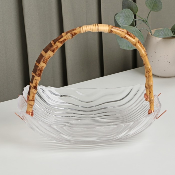 Блюдо стеклянное сервировочное &laquo;Цеста&raquo;, 22,5&times;17 см, ручка бамбук