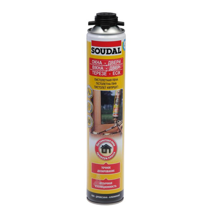 Пена монтажная Soudal, пистолетная, желтая, летняя, до 50 л, 750 мл Пена монтажная Soudal, пистолетная, желтая, летняя, до 50 л, 750 мл