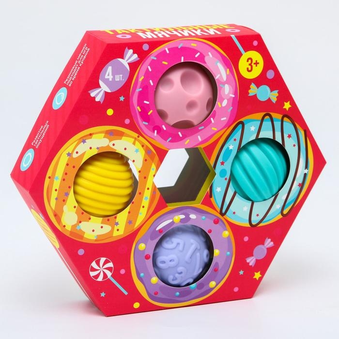 Набор развивающих тактильных мячиков &laquo;Пончик&raquo;, с пищалкой, 4 шт, Крошка Я