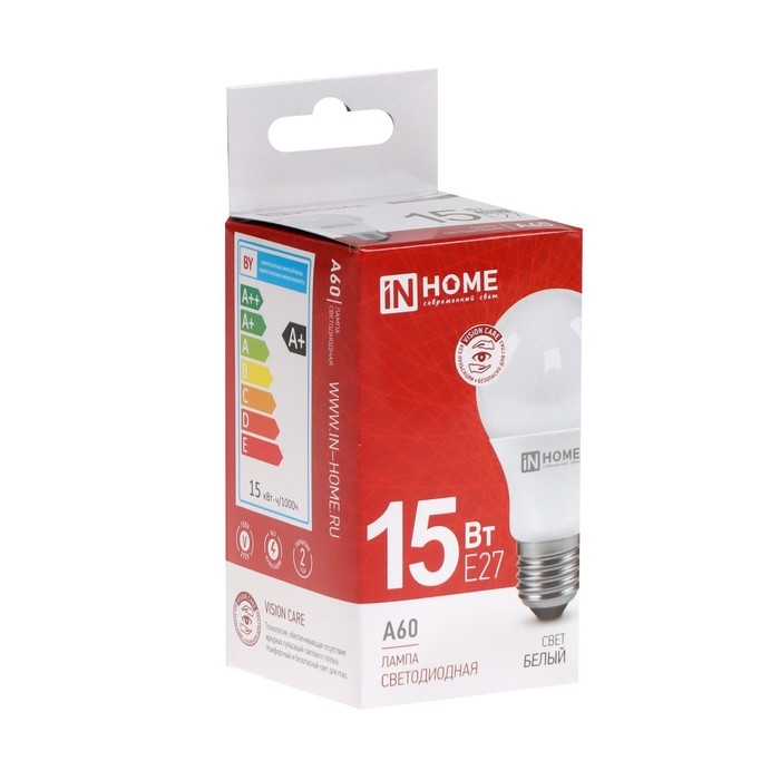 Лампа светодиодная IN HOME LED-A60-VC, Е27, 15 Вт, 230 В, 4000 К, 1430 Лм Лампа светодиодная IN HOME LED-A60-VC, Е27, 15 Вт, 230 В, 4000 К, 1430 Лм