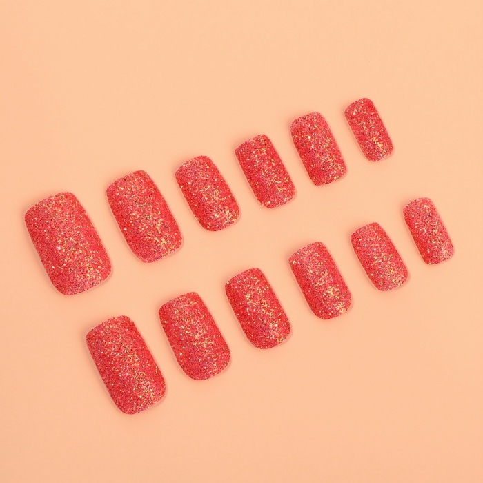 Накладные ногти &laquo;Сияние&raquo;, 12 шт, с блёстками, с клеевыми пластинами, форма мягкий квадрат, красные