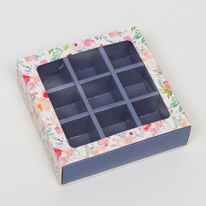 Коробка под 9 конфет с обечайкой "Весна" сиреневая, с окном, 13,7 х 13,7 х 3,5 см