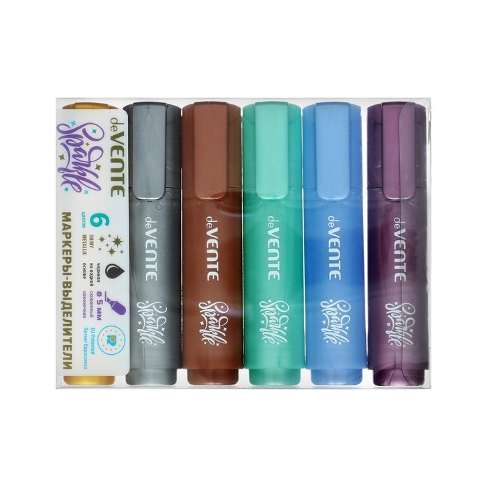 Набор маркеров текстовыделителей 6 цветов, 5.0, deVENTE Sparkle METALLIC, с блестками, скошенные