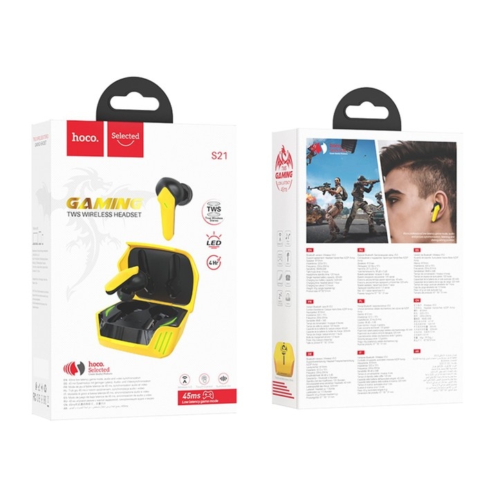 Наушники Hoco S21 TWS, беспроводные, вакуумные, BT5.0, 40/320 мАч, микрофон, черно-желтые