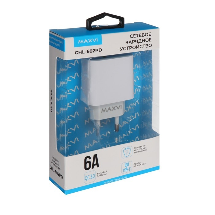 Сетевое зарядное устройство Maxvi CHL-602PD, USB/USB-C, 6 А, 30 Вт, быстрая зарядка, белое Сетевое зарядное устройство Maxvi CHL-602PD, USB/USB-C, 6 А, 30 Вт, быстрая зарядка, белое
