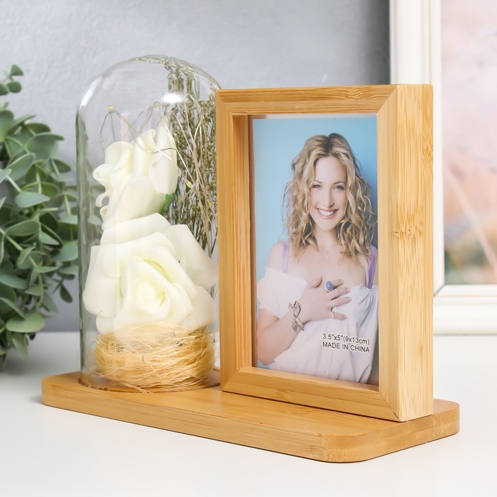 Фоторамка дерево 9х13 см с подсветкой "Белые розы в колбе" USB 9,5х21х17,5 см