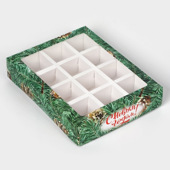 Новый год. Коробка под 12 конфет Новый год. Коробка под 12 конфет "Шишки" , 19 х 15 х 3,6 см, кондитерская упаковка