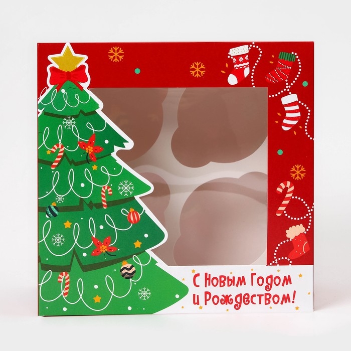 Коробка под 4 капкейка с окном "Праздничная ель", 16 х 16 х 10 см