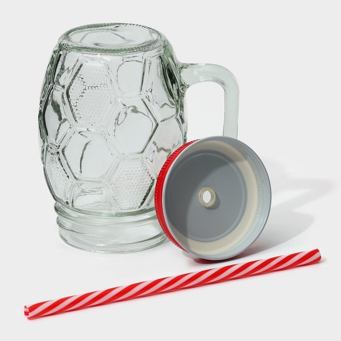 Кружка стеклянная с крышкой и трубочкой Доляна &laquo;Мяч&raquo;, 500 мл, цвет МИКС