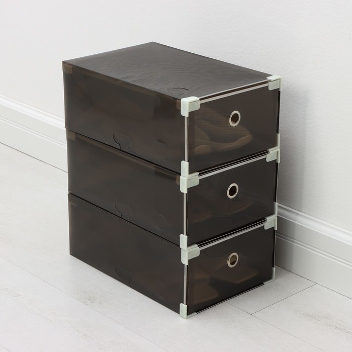 Коробка для хранения обуви выдвижная Доляна Large size, 22&times;34&times;13 см, 3 шт, цвет черный