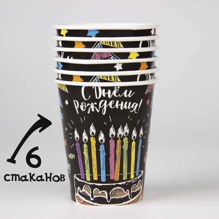 Набор бумажной посуды одноразовый С днём рождения», мелом 6 тарелок , 1 гирлянда , 6 стаканов, 6 колпаков Набор бумажной посуды одноразовый С днём рождения», мелом 6 тарелок , 1 гирлянда , 6 стаканов, 6 колпаков