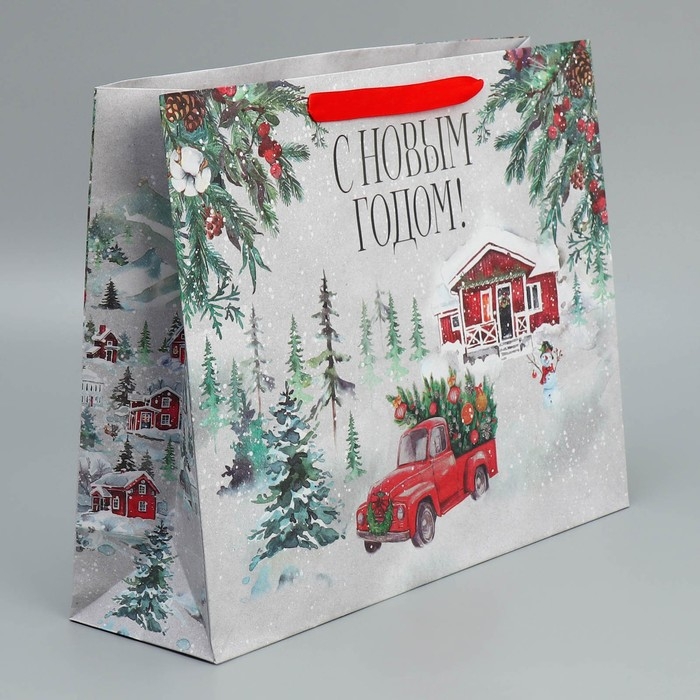 Пакет подарочный новогодний крафтовый горизонтальный &laquo;Новогодняя история&raquo;, L 40 х 31 х 11.5 см, Новый год