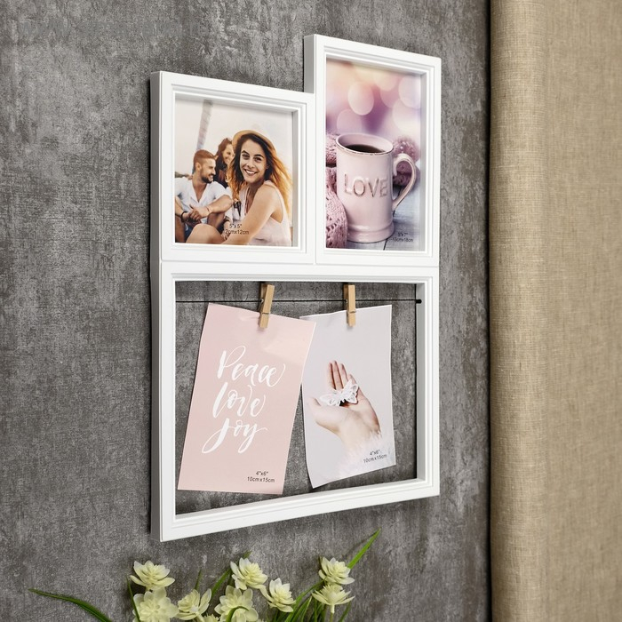 Фоторамка пластик на 4 фото 12х12, 10х15, 13х18 см Фоторамка пластик на 4 фото 12х12, 10х15, 13х18 см "С прищепками" белая 40х28,5 см