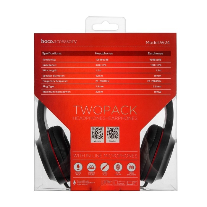 Комплект наушников Hoco W24, проводные, накладные + вакуумные, проводные, красные