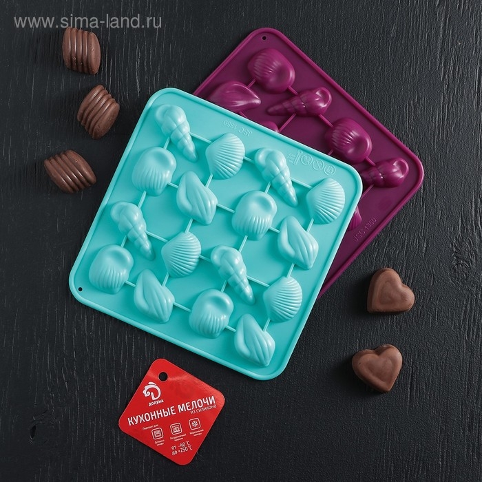 Форма для конфет и шоколада Доляна &laquo;Ракушки&raquo;, силикон, 17,3&times;17,3 см, 16 ячеек (3,4&times;2,5 см), цвет МИКС