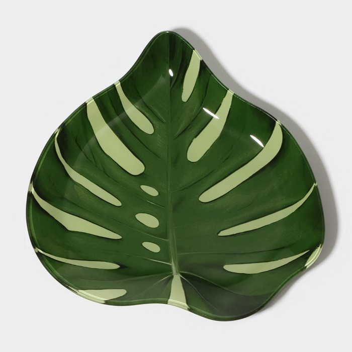 Блюдо стеклянное сервировочное Доляна «Монстера», 21×21 см, цвет зелёный Блюдо стеклянное сервировочное Доляна «Монстера», 21×21 см, цвет зелёный