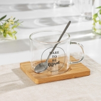 Кружка стеклянная с ложкой на деревянной подставке «Котик», 300 мл, рисунок МИКС Кружка стеклянная с ложкой на деревянной подставке «Котик», 300 мл, рисунок МИКС