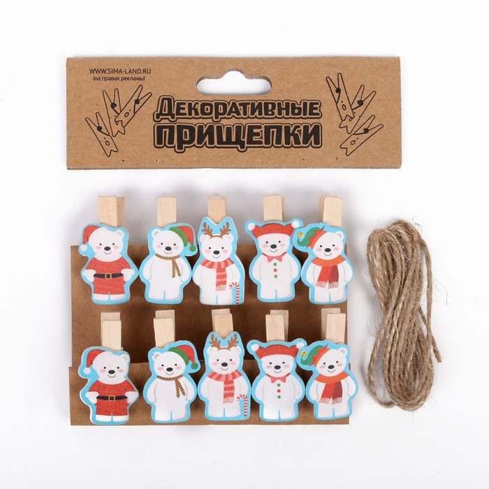 Набор декоративных прищепок Набор декоративных прищепок "Новогодние мишки" набор 10 шт.