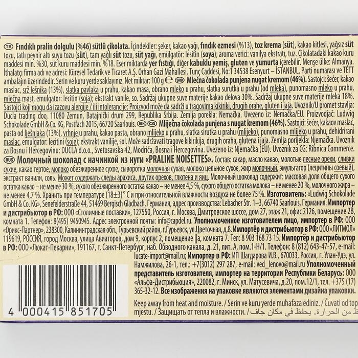 Шоколад молочный Schogetten Praliné Noisettes Chocolate Шоколад молочный Schogetten Praliné Noisettes Chocolate "Ореховое пралине", 100 г