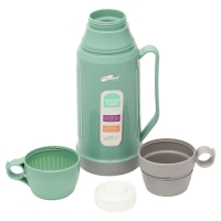 Термос 1 л, со стеклянной колбой, сохраняет тепло 12 ч, с кружкой,  зеленый